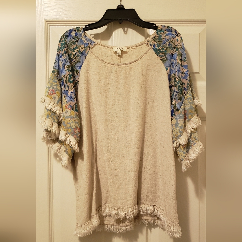 Umgee Women's Blouse Off White Fringe-Accent Linen-Blend Bell-Sleeve Crew